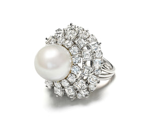 Natural Diamond South Sea Pearl Platinum Ring – 18.00 CTW