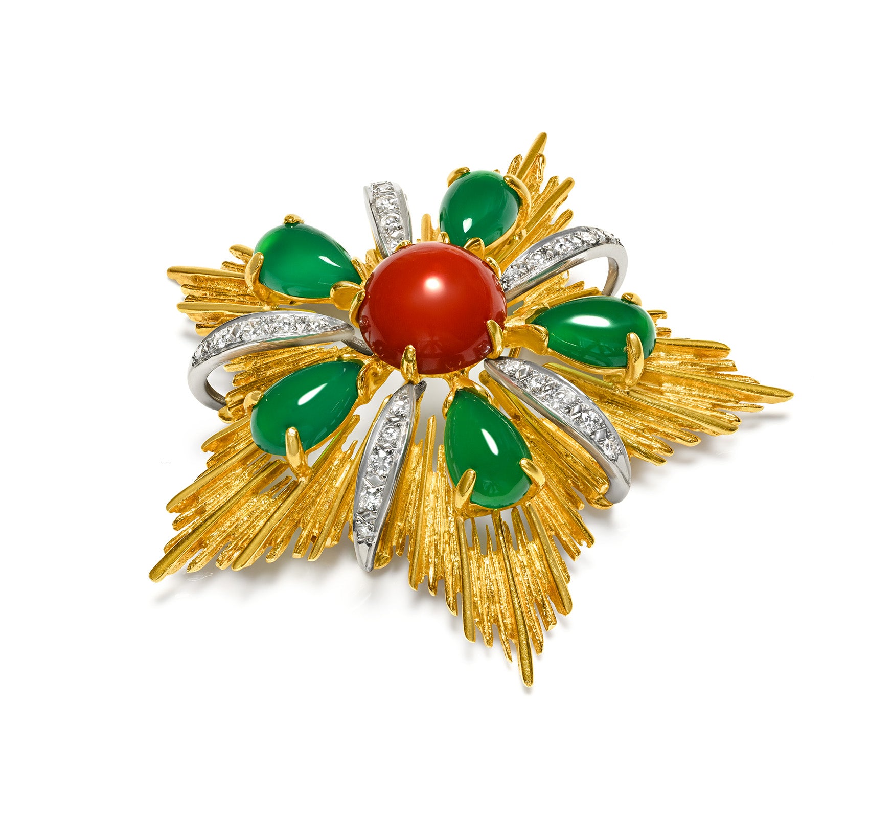 Starburst Pendant Brooch with Coral, Chalcedony and Diamonds in 18K Gold
