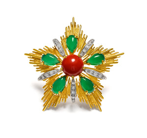 Starburst Pendant Brooch with Coral, Chalcedony and Diamonds in 18K Gold