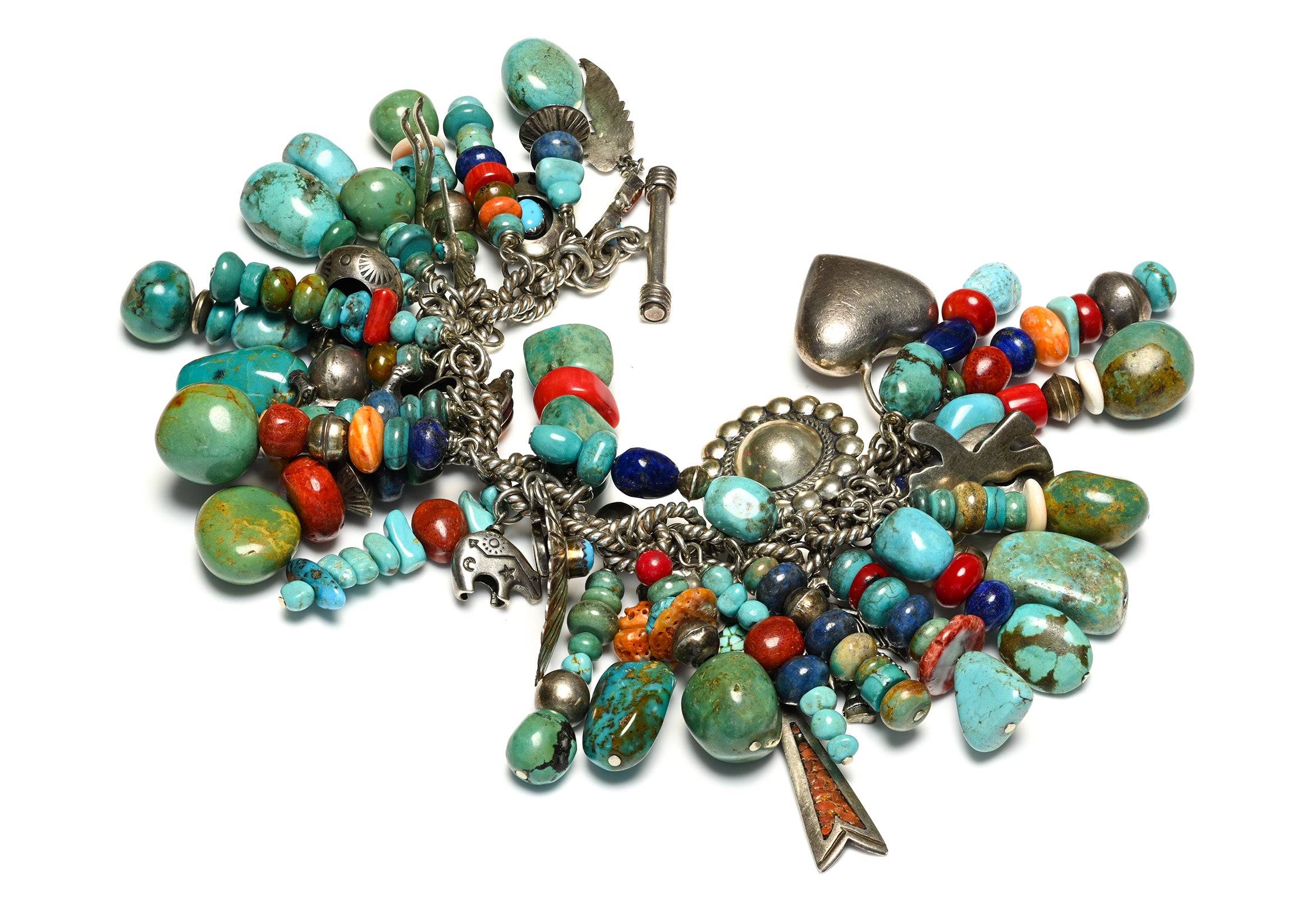 Vintage Native American Silver Turquoise Coral Multi-Charm Bracelet