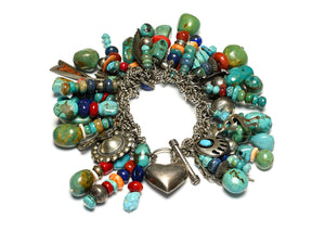 Sterling Silver Turquoise Coral Multi-Charm Bracelet