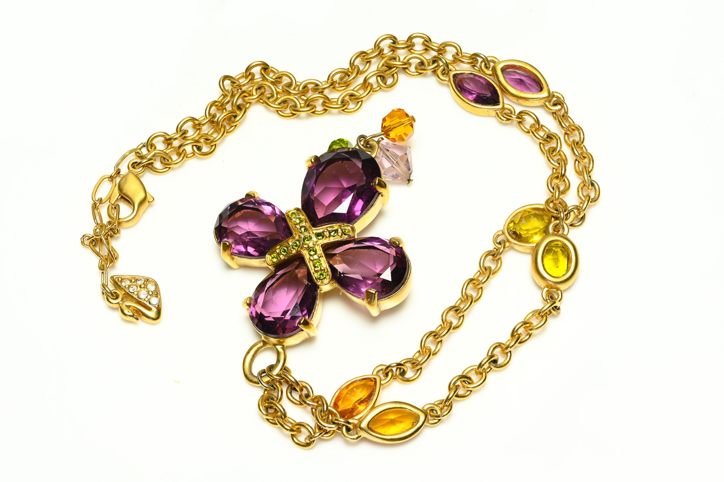 Swarovski Gold Plated Purple Green Brown Crystal Cross Pendant Necklace 