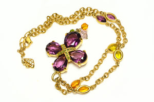 Swarovski Gold Plated Purple Green Brown Crystal Cross Pendant Necklace