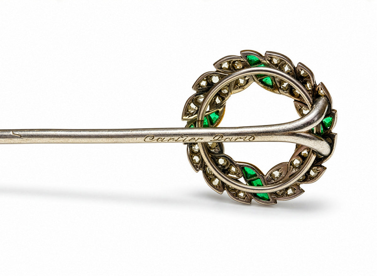 Edwardian Cartier Paris Emerald and Diamond Wreath Stick Pin