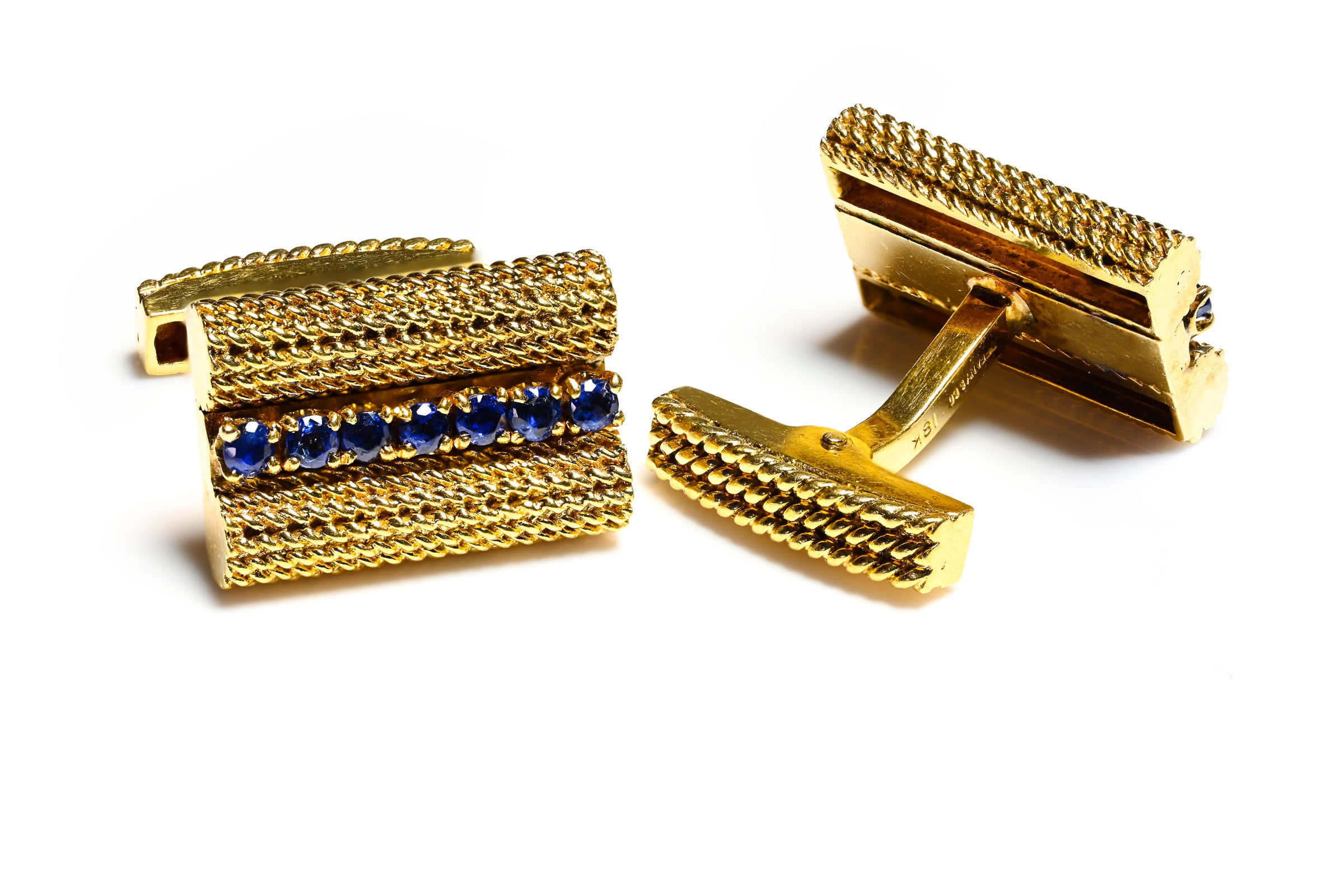 Tiffany & Co. 18K Gold Cufflinks with Sapphire Accents Rope Design