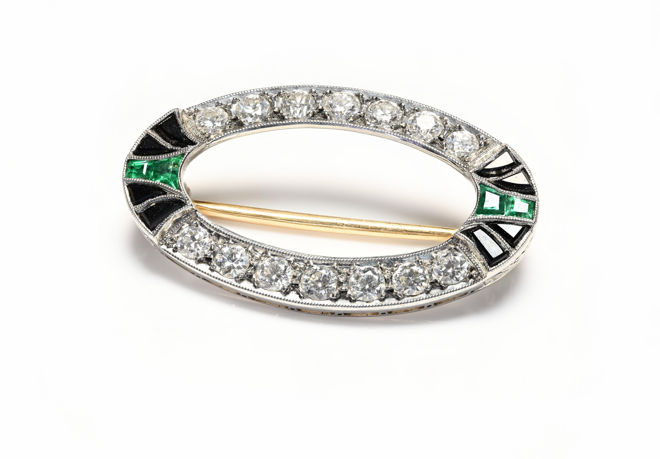 Art Deco Tiffany & Co. Platinum Gold Diamond Emerald Onyx Brooch 