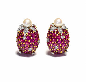 Tiffany & Co. Schlumberger 18K Gold Ruby Pearl Diamond Raspberry Earrings