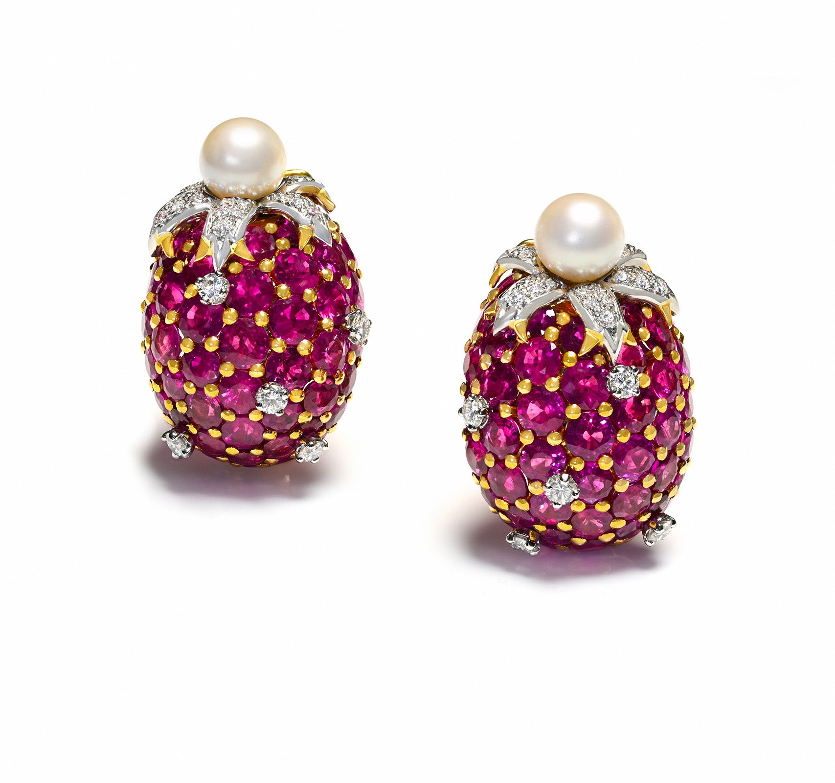 Tiffany &Co. Schlumberger 18K Gold Ruby Pearl Diamond Strawberry Earrings