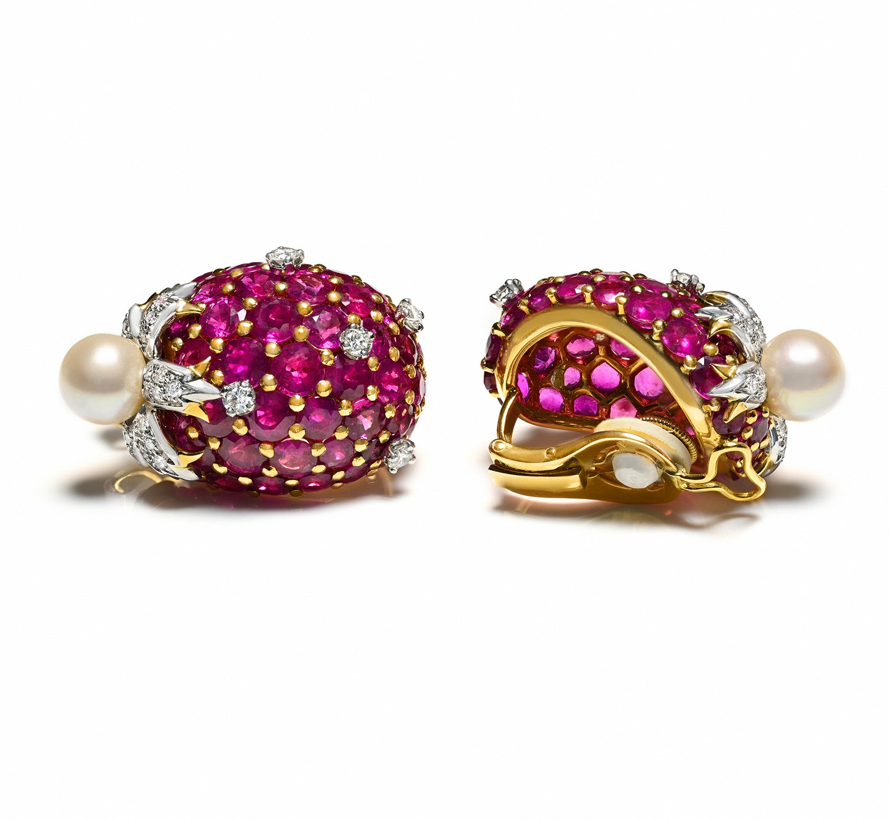 Schlumberger 18K Gold Ruby Pearl Diamond Earrings Tiffany co.