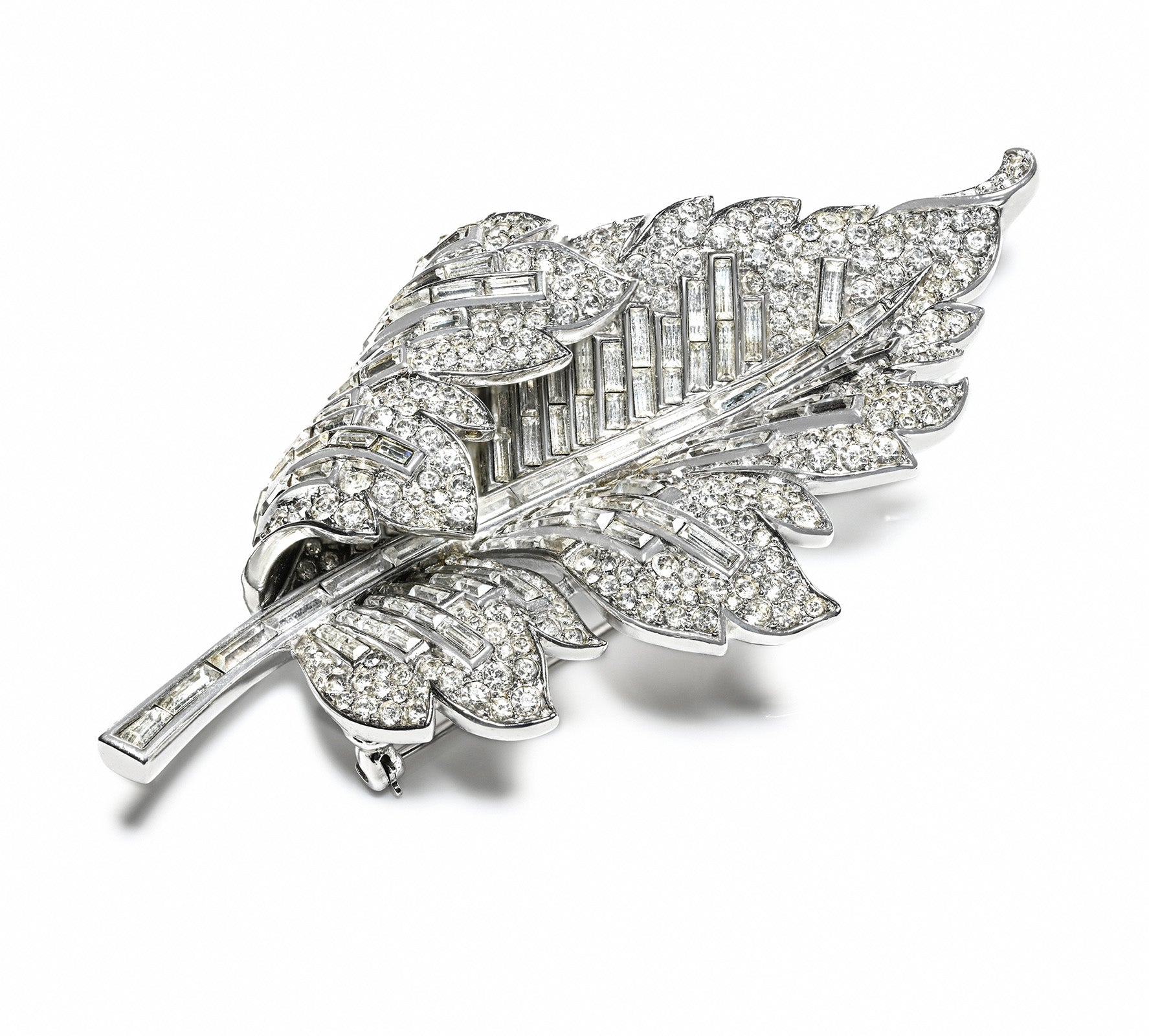 Trifari 1940's Alfred Philippe Rhodium Plated Crystal Leaf Brooch