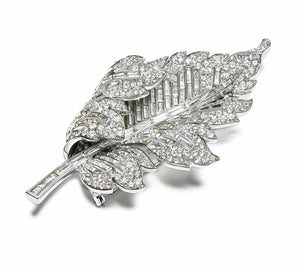 Trifari 1940's Alfred Philippe Rhodium Plated Crystal Leaf Brooch