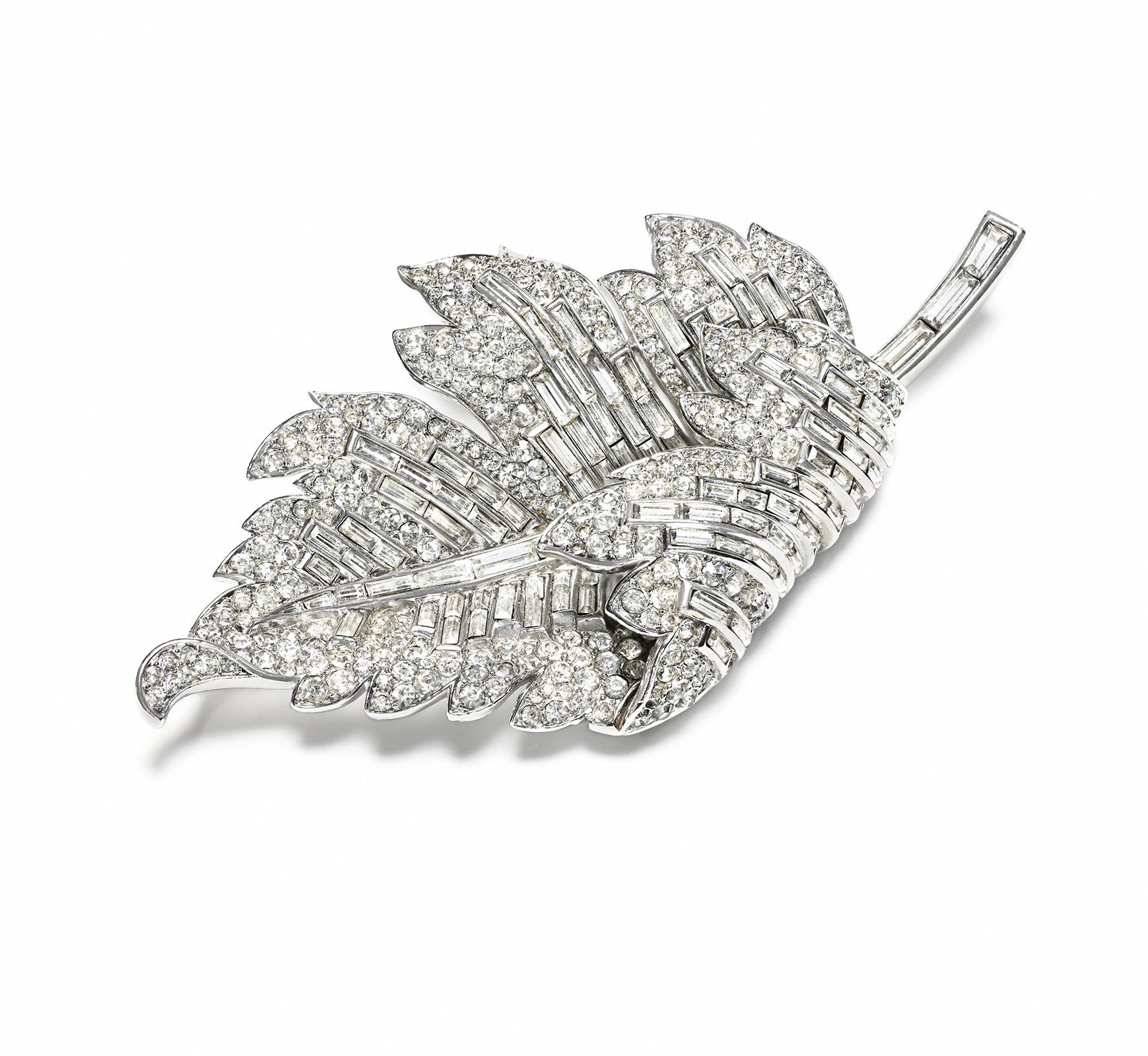 Trifari by Alfred Philippe Rhodium Plated Crystal Leaf Brooch