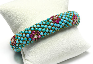 Turquoise Rubies Diamonds 18K Gold Flexible Bracelet