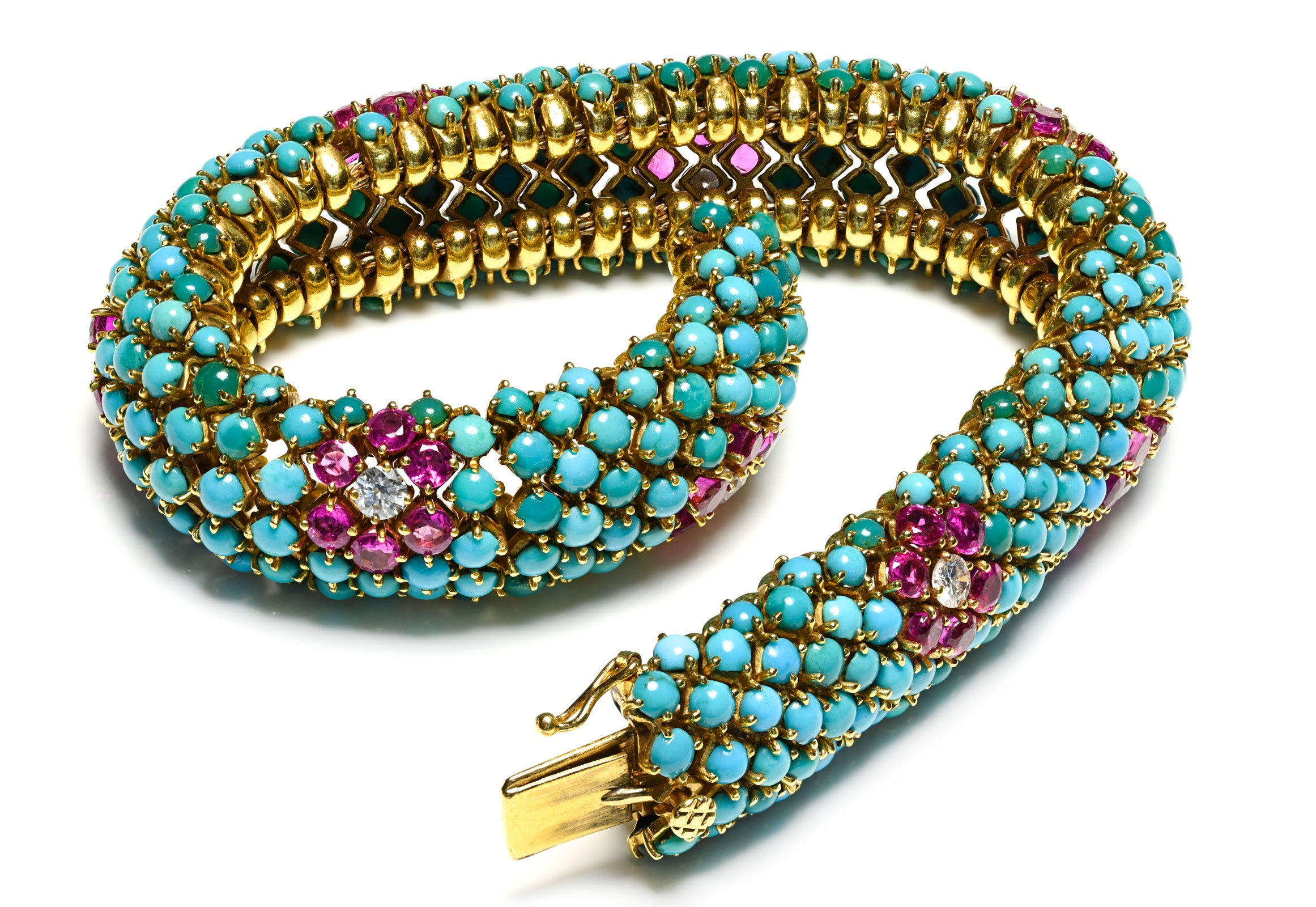 Turquoise Rubies Diamonds 18K Gold Flexible Bracelet