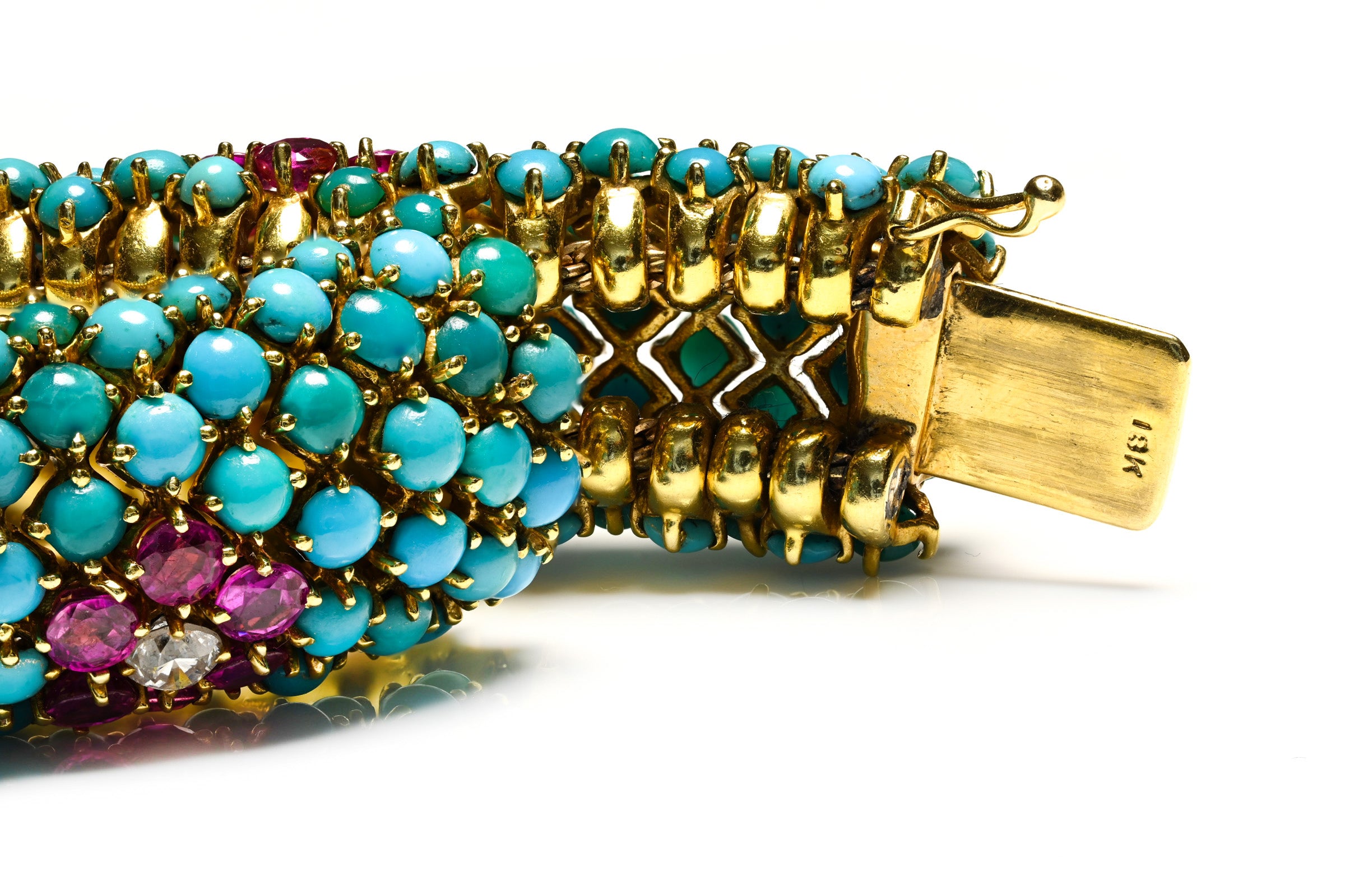Turquoise Rubies Diamonds 18K Hallmark Flexible Bracelet 