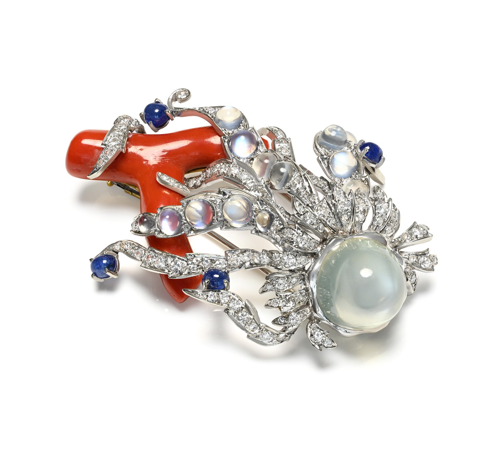 Coral Moonstone Sapphire Diamond Brooch