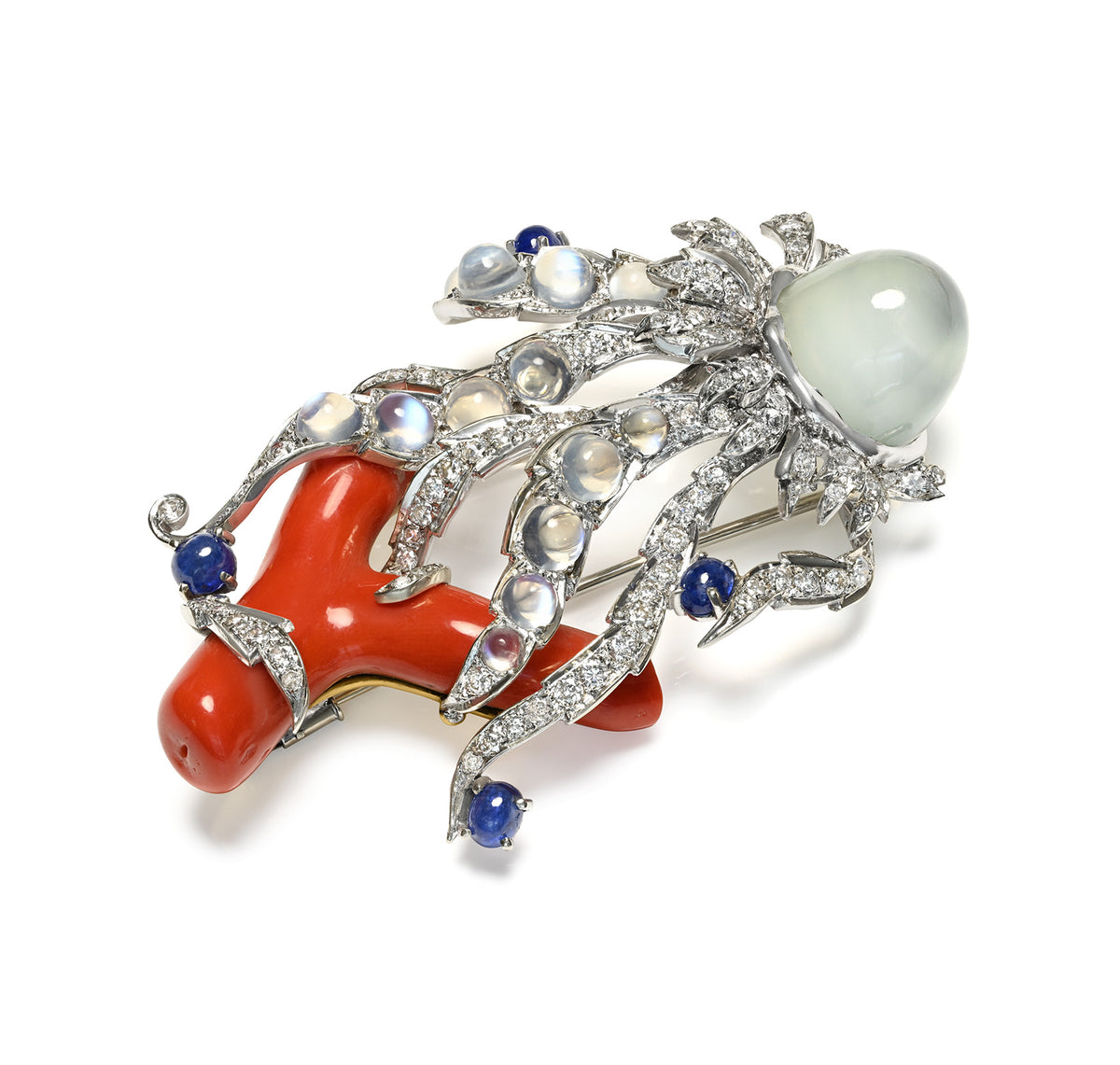 Moonstone Sapphire Diamond Brooch on Coral