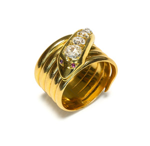 Victorian Diamond & Ruby Snake Ring – 18K Gold Men’s Wide Band