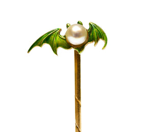 Victorian 14K Gold Pearl Bat Stick Pin