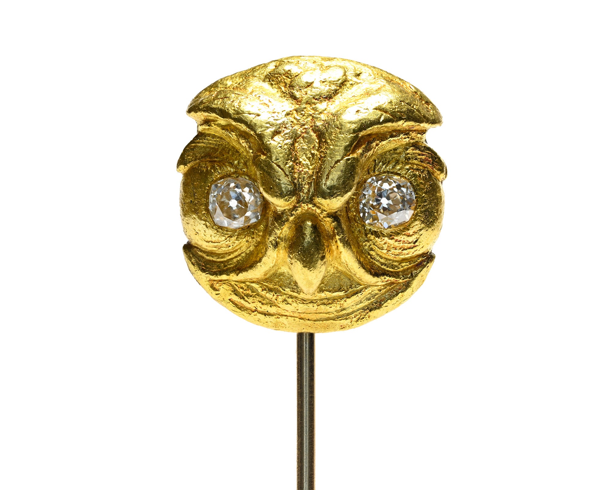 Victorian 24K Gold Owl Stick Pin Old Mine Cut Diamonds