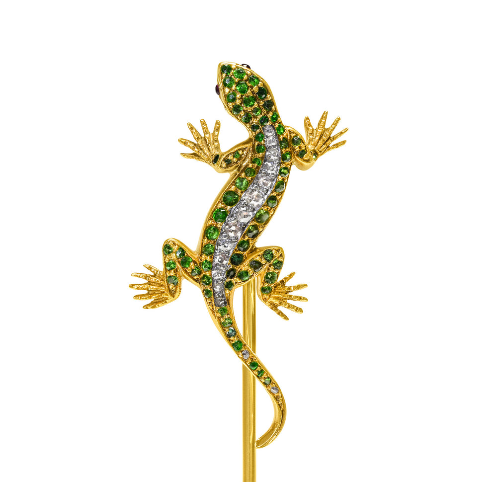Victorian Demantoid Ruby Diamond Gold Lizard Stick Pin