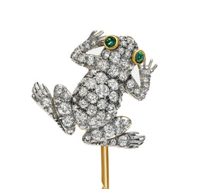 Victorian Diamond and Emerald Frog Stick Pin in Platinum and Gold