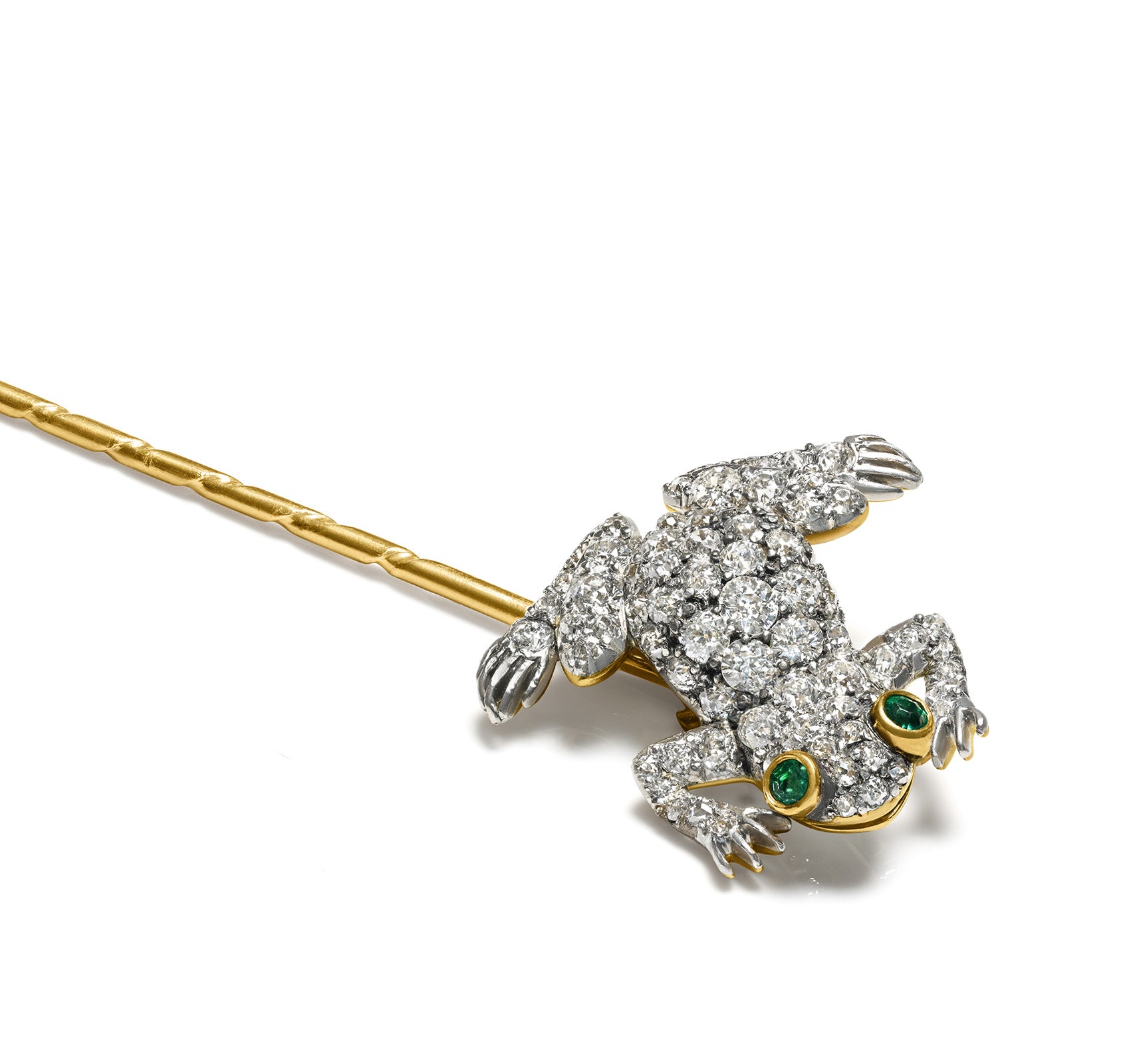Antique Diamond and Emerald Frog Stick Pin in Platinum and Gold