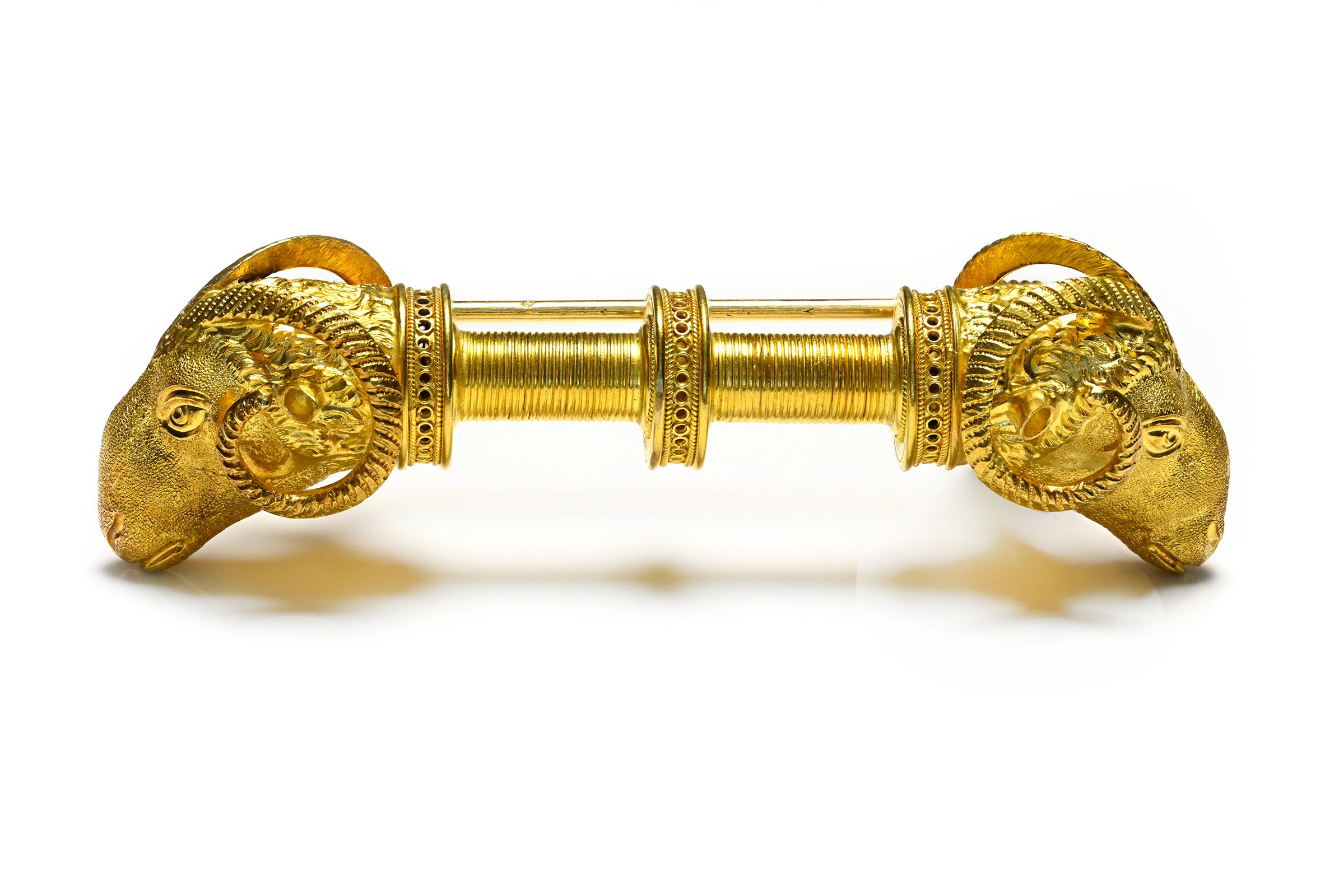 Victorian Etruscan Revival Gold Double Ram’s Head Brooch