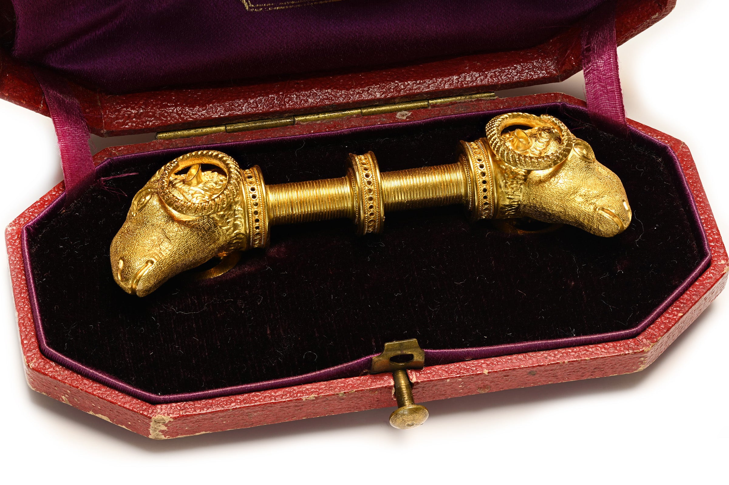 Victorian Etruscan Revival Gold Double Ram’s Head Brooch Box