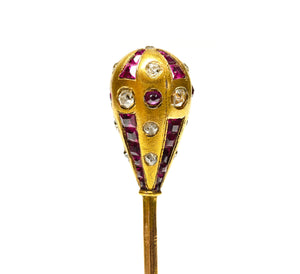 Victorian Ruby and Old Mine Cut Diamond Pear-Shaped Gold Stick Pin