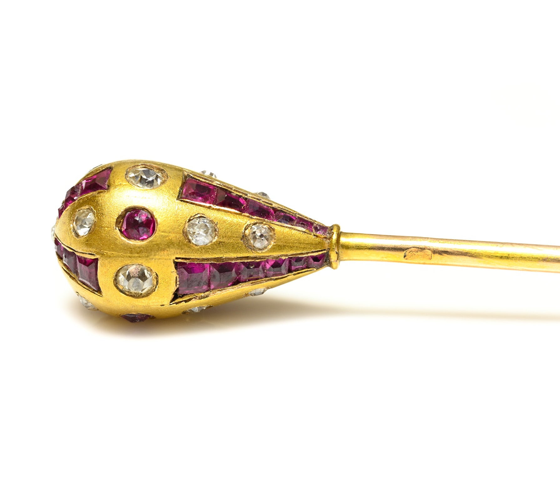 Victorian Diamond Ruby 18K Gold Stick Pin  Pear 