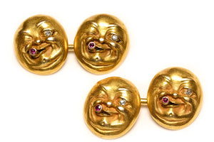 Victorian Winking Man-in-the-Moon Ruby and Diamond Gold Cufflinks
