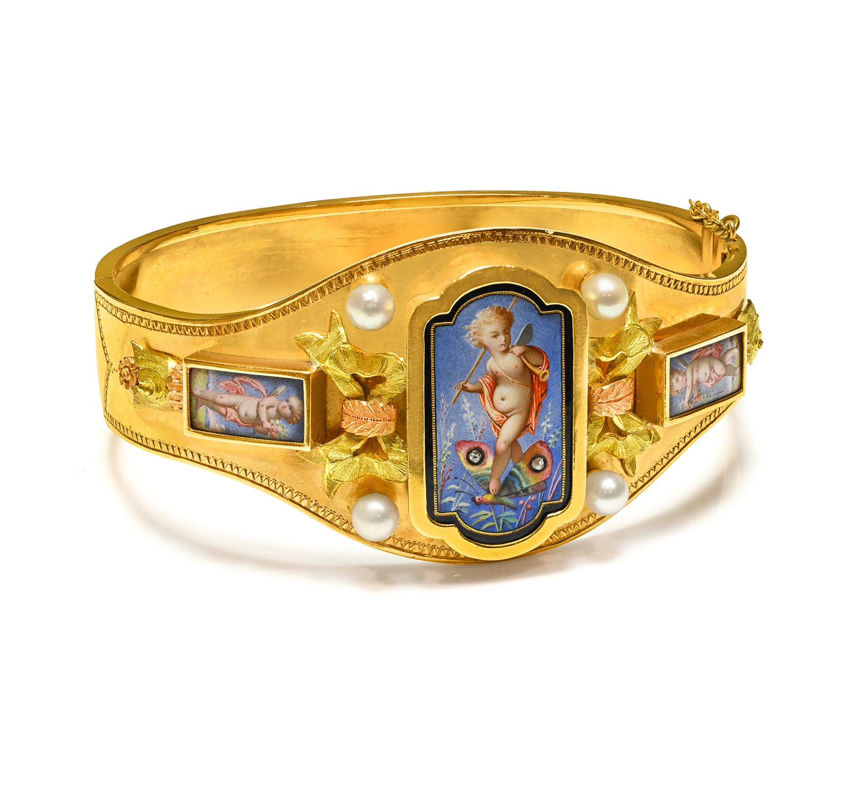 Antique Victorian Gold Bracelet Enamel Cherubs Pearls