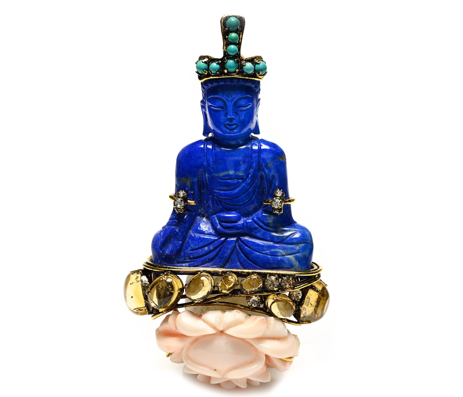Vintage Iradj Moini Lapis Turquoise Citrine Carved Coral Buddha Brooch