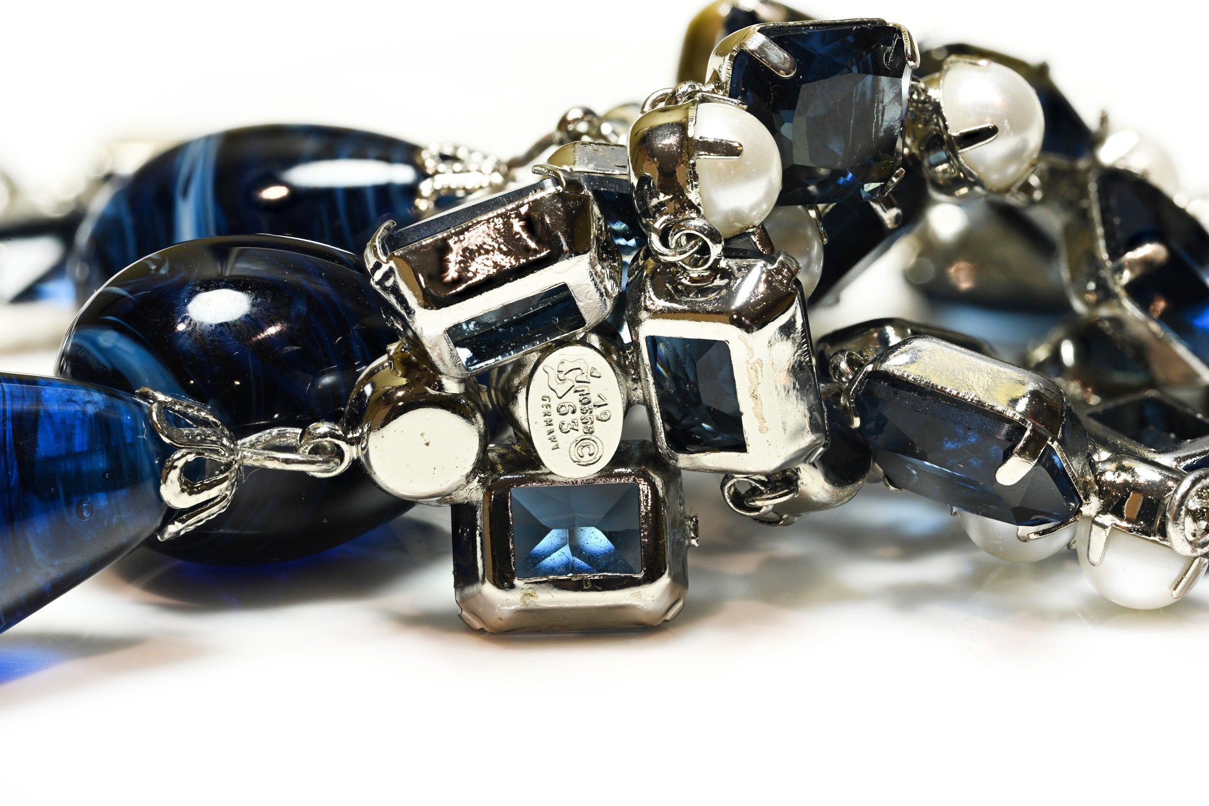 Vintage 1963 Hallmark Henkel & Grosse Germany Blue Glass Crystal Pearl Necklace