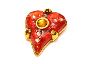 Vintage 1980's Kalinger Paris Red Orange Resin Heart Brooch
