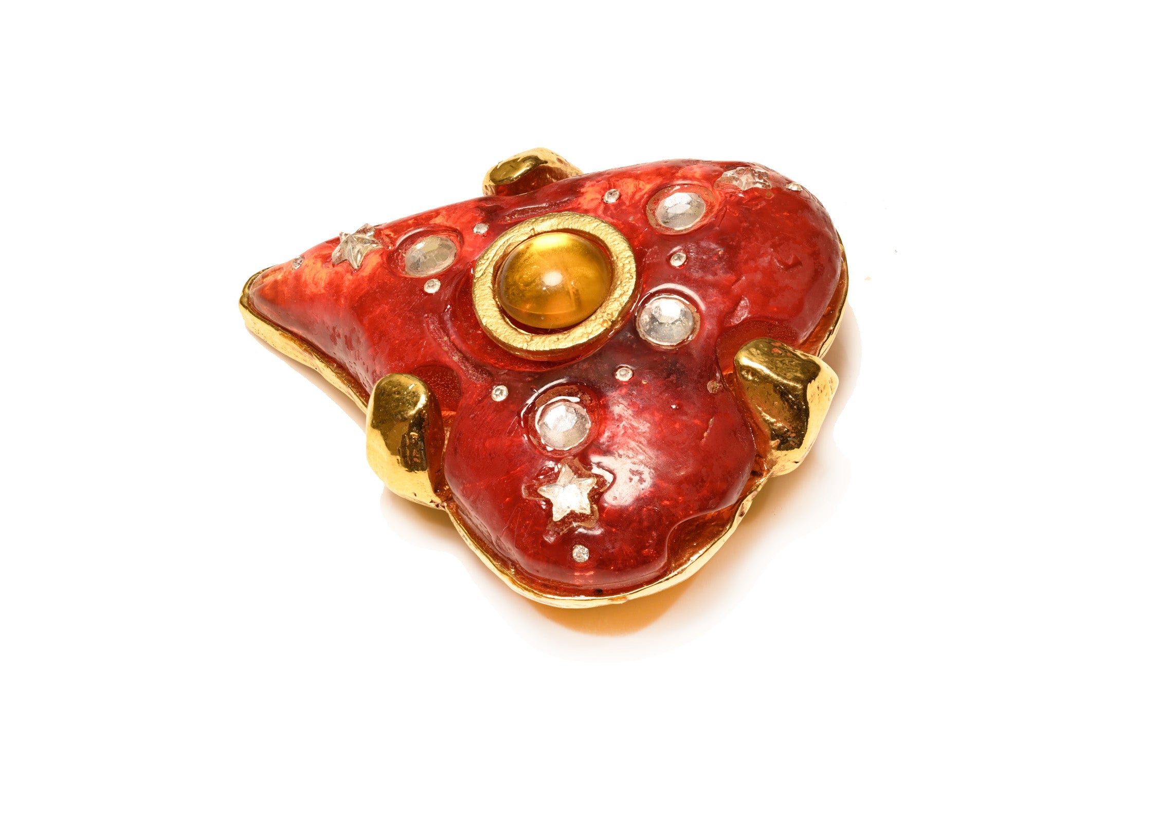 Vintage 1980's Kalinger Paris Red Orange Resin Heart Brooch