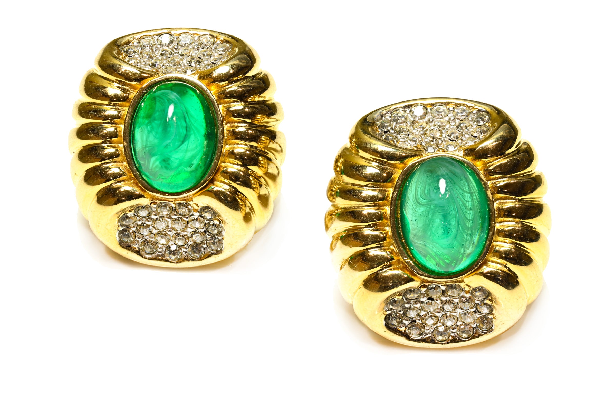 Ciner Gold Plated Green Cabochon Glass Crystal Earrings