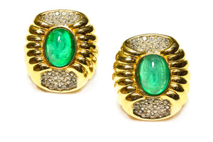 Vintage Ciner Gold Plated Green Cabochon Glass Crystal Earrings
