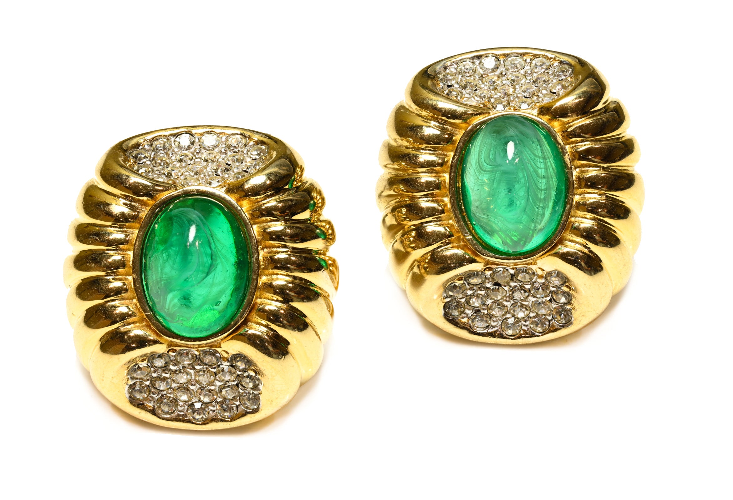 Vintage Ciner Gold Plated Green Cabochon Glass Crystal Earrings