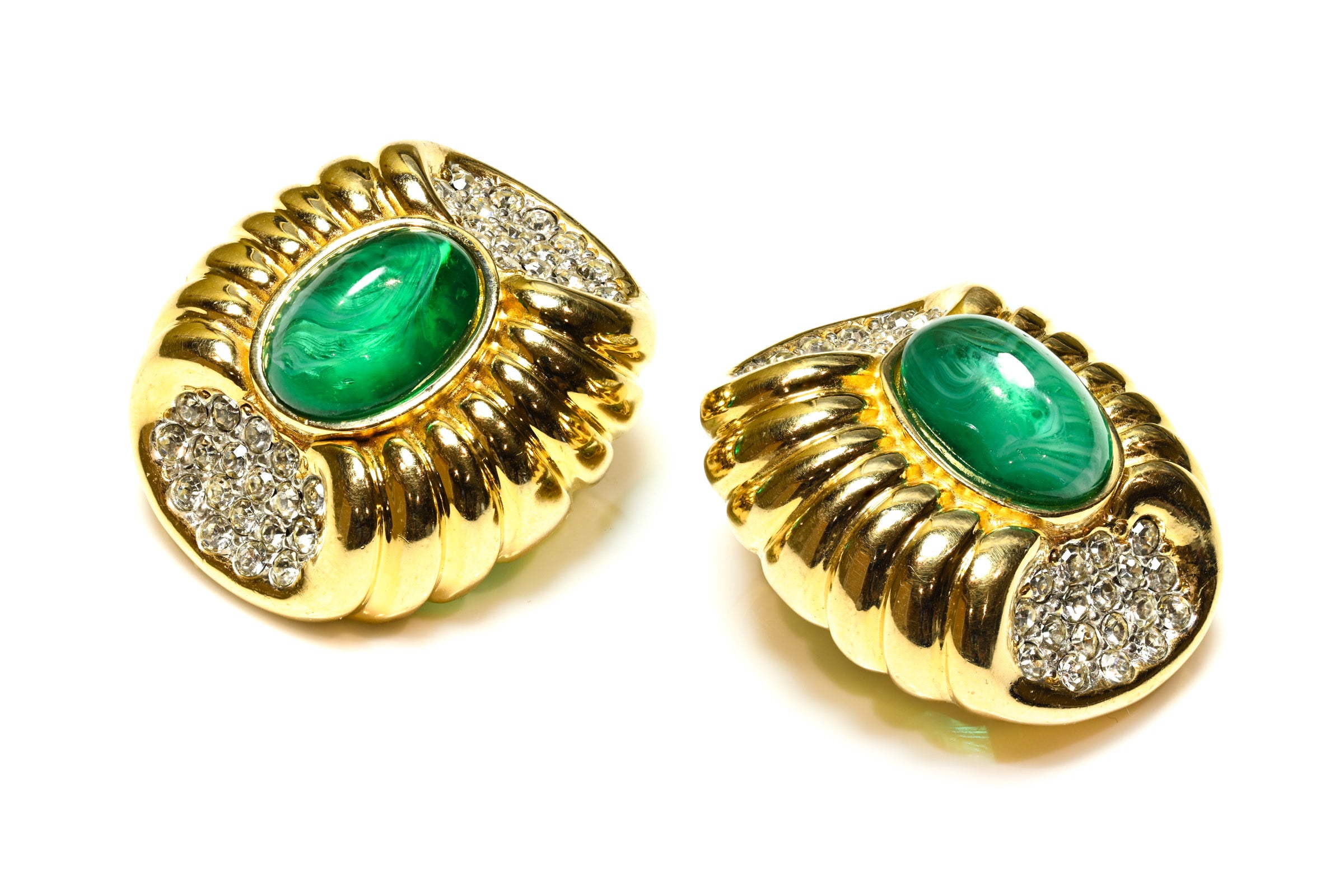 Vintage Ciner Gold Plated Green Glass Crystal Earrings