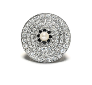 Vintage Platinum Ring with Diamond, Onyx & Pearl Multi-Circle Design
