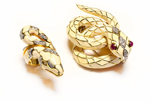 Vintage 18K Gold Enamel Ruby Diamond Snake Ring and Brooch Set