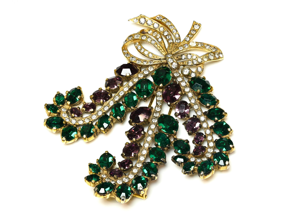 Vintage 1940's Eisenberg Original Green Purple Crystal Flower Brooch 1