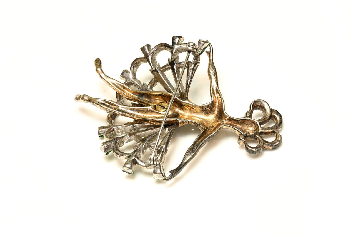 Vintage 1940's Mazer Sterling Silver Green Crystal Dancer Brooch 2