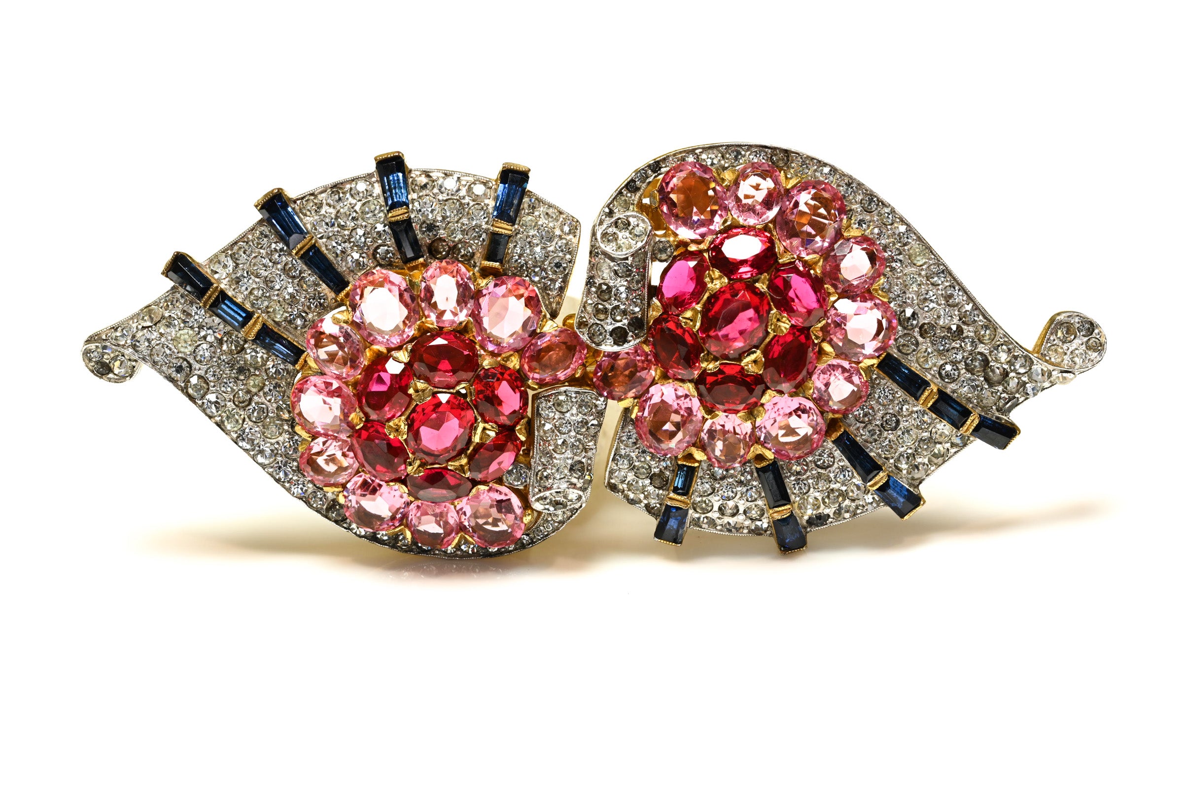 Vintage 1940's Trifari Alfred Philippe Pink Blue Crystal Double Clip Brooch