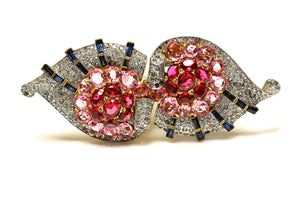 Vintage 1940's Trifari Alfred Philippe Pink Blue Crystal Double Clip Brooch