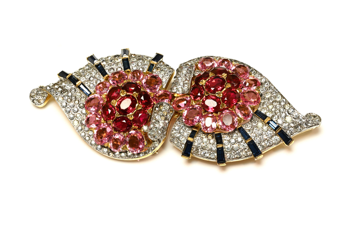 Vintage 1940's Trifari Alfred Philippe Pink Blue Crystal Double Clip Brooch 1