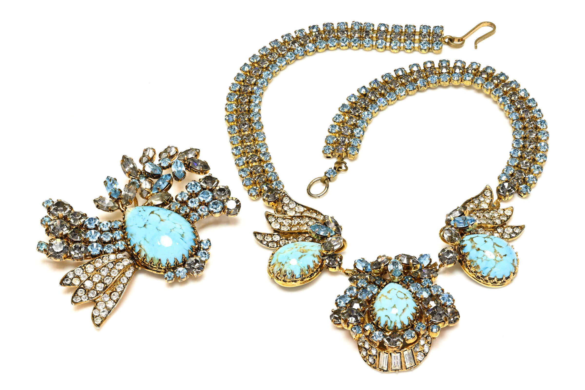 Vintage 1950's Austria Faux Turquoise Glass Crystal Necklace Brooch Set