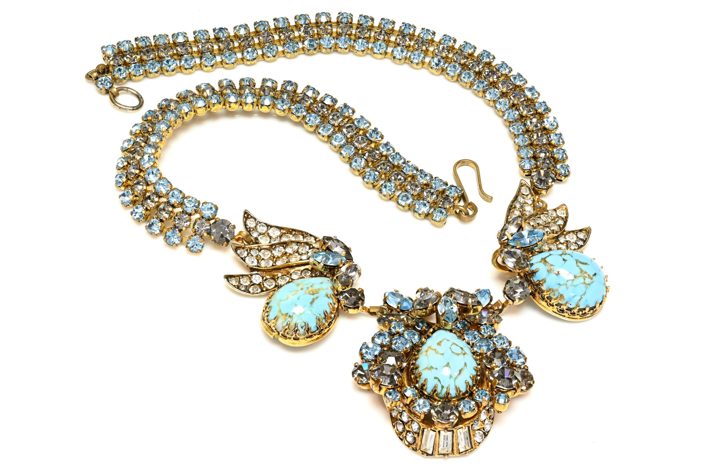 Vintage 1950's Austria Faux Turquoise Glass Crystal Necklace Brooch Set 1